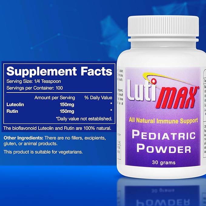 Lutimax Pediatric Powder Brain Supplement with Luteolin &amp Rutin - Kids Memory Focus Muscle &amp Immune Support Brain Supplements - Nootropic Antioxidants - 100 Servings