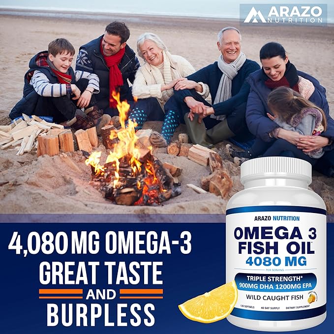 Arazo Nutrition Wild Caught Omega-3 Fish Oil Concentrate – 4080mg per Serving – High EPA 1200mg &amp DHA 900mg – 120 Burpless Lemon Softgels