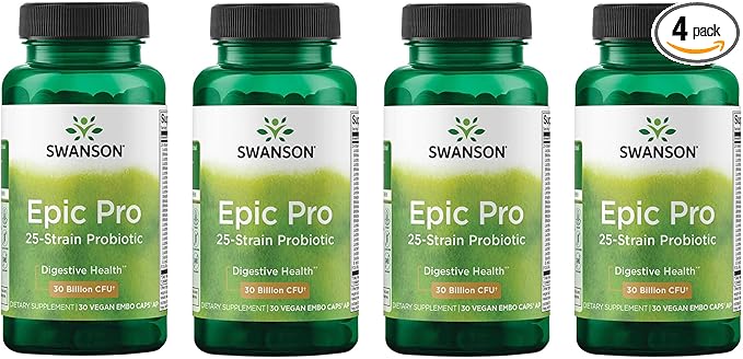 Swanson Epic-Pro 25-Strain Probiotic with Prebiotic FOS for Gut-Health-Conscious Adults Seeking Comprehensive Digestive and Immune Support - 30 Billion CFU (30 Vegan DRcaps 4 Pack)