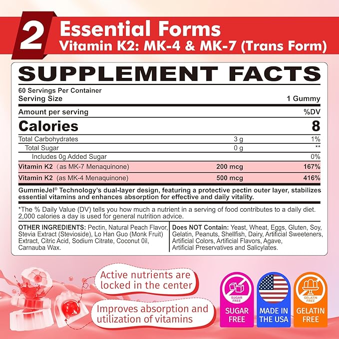 Vitamin K2 Gummies MK-7 200 mcg &amp MK-4 500 mcg for Women &amp Men Sugar Free Perfect 2-IN-1 Full Spectrum Vitamin K2 Supplement for Bone He❤rt Promotes Calcium Absorption Brain Teeth Immune