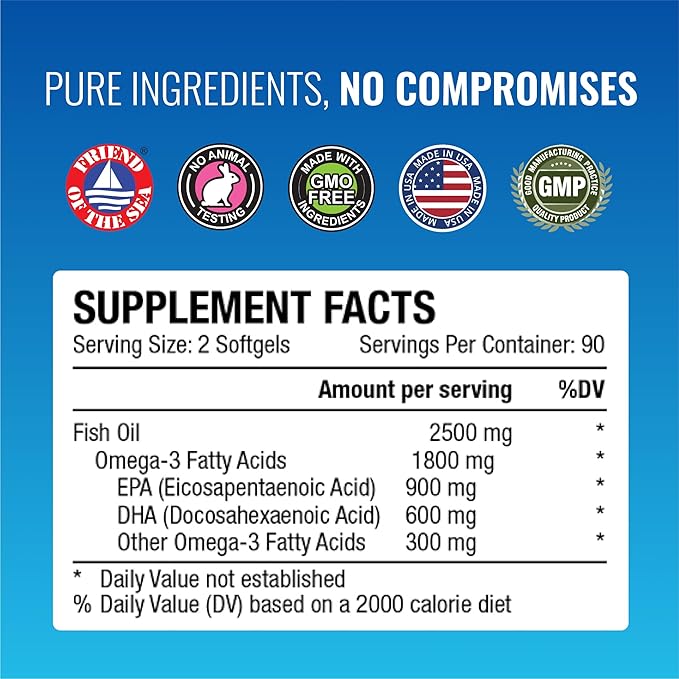 Omega-3 MD - EPA &amp DHA Supplement - 2500mg Omega 3 Fish Oil for Heart Health Brain Support Joint Comfort &amp Overall Wellness - 1 Bottle - 3 Month Supply