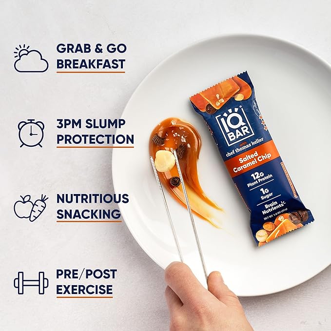 IQBAR Clean Plant Protein Bars - Salted Caramel Chip - 12 Count - Keto Vegan High Fiber Gluten and Dairy Free Low Sugar Snack - Brain and Body Nutrients for Focus Energy Meal Replacement