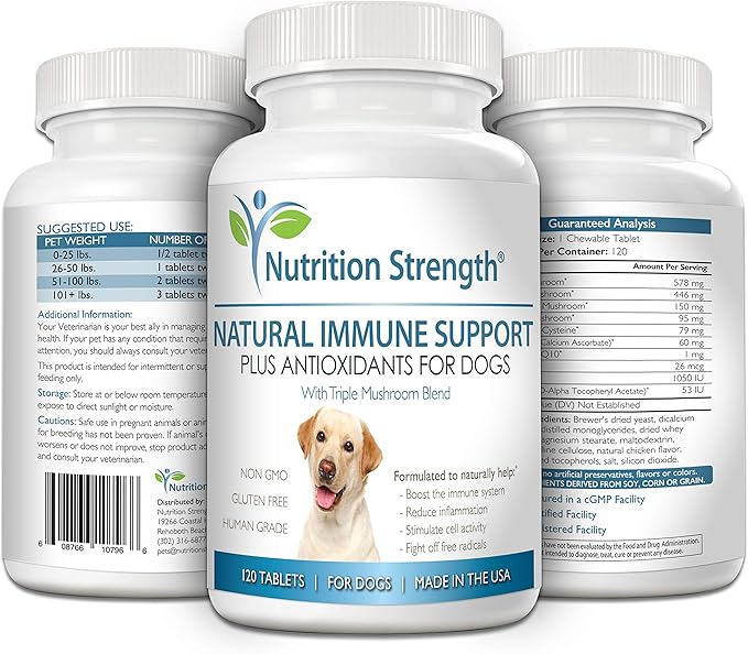 Immune Support for Dogs Plus Antioxidant Reishi Shiitake Maitake Turkey Tail Mushrooms for Dogs with Coenzyme Q10 Selenium Vitamin A 120 Chewable Tablets