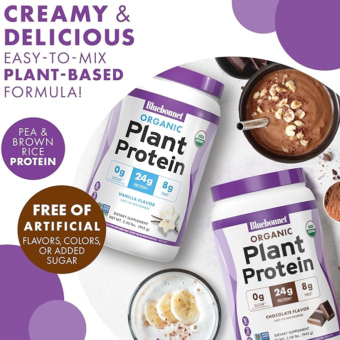 BlueBonnet Nutrition Organic Plant Protein Powder 24g Plant Based Protein Zero Sugar 8g Prebiotic Fiber USDA Organic Non-GMO Kosher Gluten-Free Soy-Free Vegan Chocolate Flavor 19 Servings