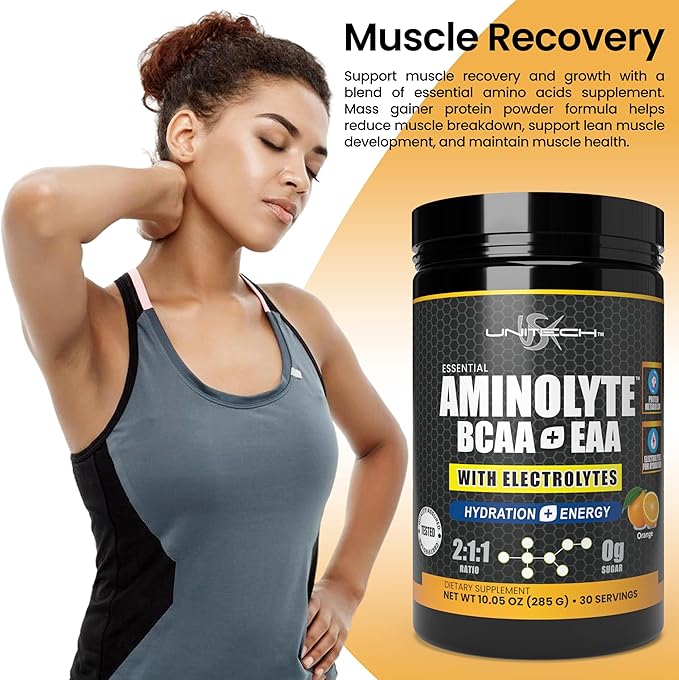 USK Unitech AminoLyte BCAA + EAA &amp Electrolytes Powder | Rich with Essential Amino Acids | Muscle Recovery &amp Hydration | Endurance &amp Performance Support | Dietary Supplement | Orange Flavo