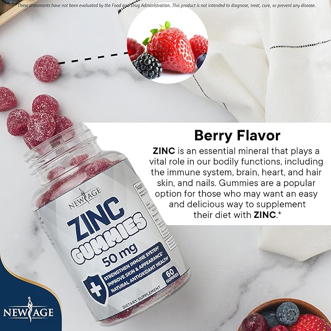 NEW AGE Zinc Gummies - 2 Pack - 50mg High Immune Booster Zinc Supplement Immune Defense Powerful Natural Antioxidant Non-GMO - by New Age 120 Count
