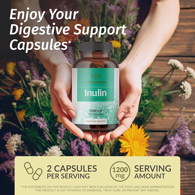 HERBAMAMA Inulin Powder Capsules 1200mg - Digestive Support &amp Gut Cleanse with Inulin Prebiotic Fiber - Vegan Non-GMO Chicory Root Powder Supplement (Pack of 2)
