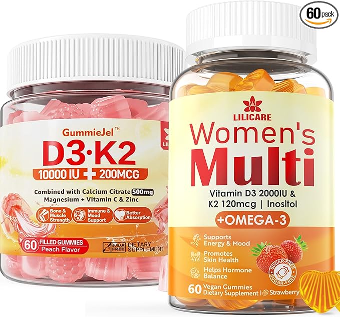 Sugar-Free Vitamin D3 K2 Filled Gummies + Multivitamin for Women Gummies