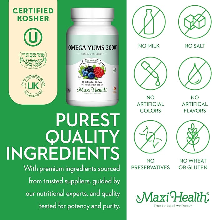 Maxi Health Fish Oil 2000mg - Omega 3 Supplement for Adults and Kids - Fruity Burst - Omega-3 Fish Oil Source of EPA/DHA Fatty Acids - Heart Brain Joint Health - Kosher Certified - 100 Softgels