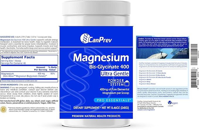 CanPrev Magnesium Bisglycinate 400 Ultra Gentle Powder 240g 48 Servings 400mg Elemental Magnesium Per Scoop Supports Restful Nights Muscle Function Gentle on Digestion Vegan Non-GMO Gluten-Free