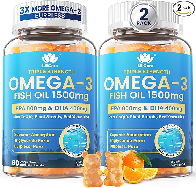 Fish Oil Omega 3 Gummies 1500mg for Adults - Triple Strength with EPA &amp DHA COQ10 Red Yeast Rice - Wild Caught Omega 3 Fatty Acids Supplements for Hḙar-t &amp Brain - Sugar Free Burpless 120