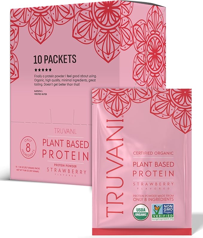 Truvani Vegan Pea Protein Powder | Strawberry | 20g Organic Plant Based Protein | Single Serving Travel Packets | 10 Servings | Keto | Gluten &amp Dairy Free | Low Carb | No Added Sugar