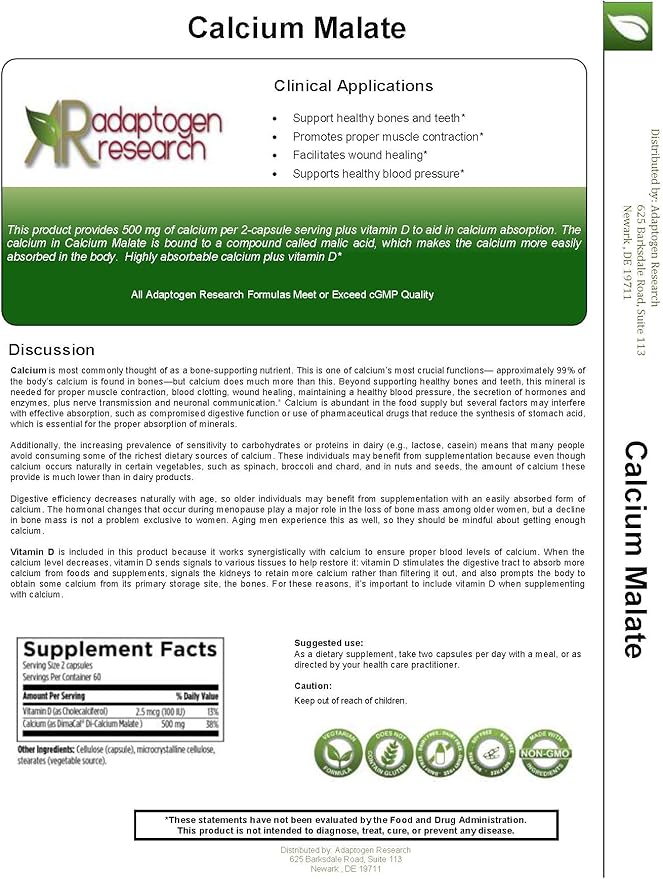 Calcium Malate Chelate 500 mg with Vitamin D3 | Excellent Absorption Calcium Complex | 120 Vegetarian Capsules | Adaptogen Research