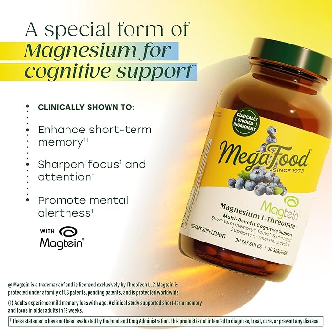 MegaFood Magtein Magnesium L-Threonate - Magnesium Supplement 2000mg Per Serving - Supports Short-Term Memory Focus Alertness &amp Normal Sleep Cycles - Vegan Gluten Free - 90 Capsules 30 Serving