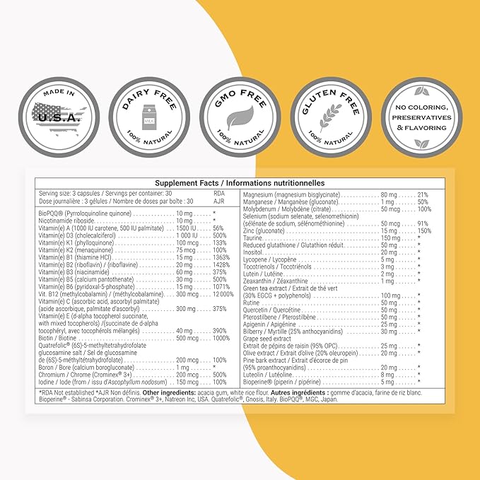 Supersmart Daily3 + Bio PQQ (All-in-One Formula) - Multivitamin for Women and Men - 45 Essential Nutrients | Non-GMO &amp Gluten-Free | 1 Month Supply - 90 Vegetarian Capsules