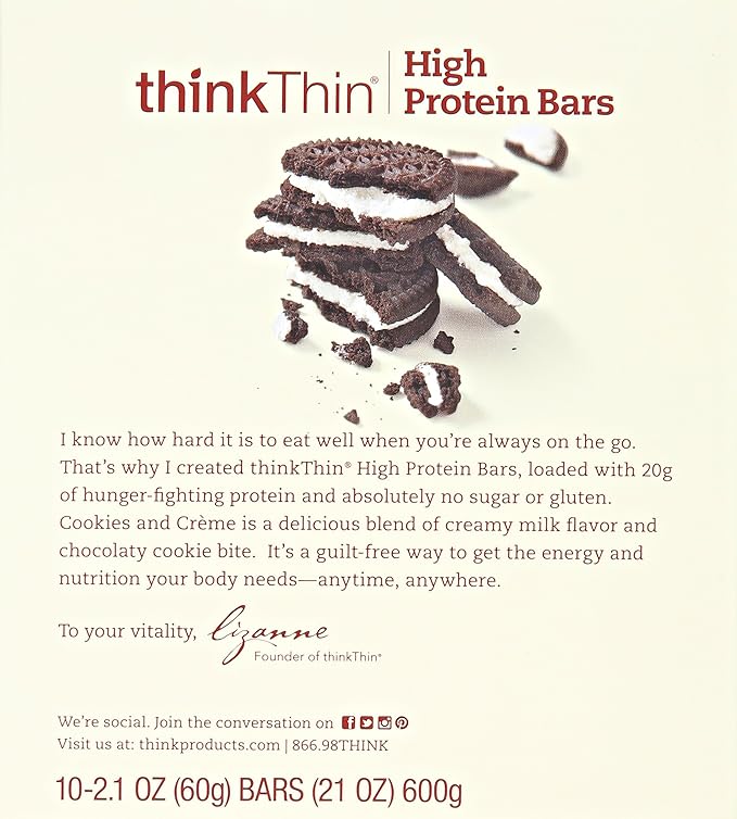 thinkThin High Protein Bars Cookies and Creme 2.1 Ounce (10 Count)