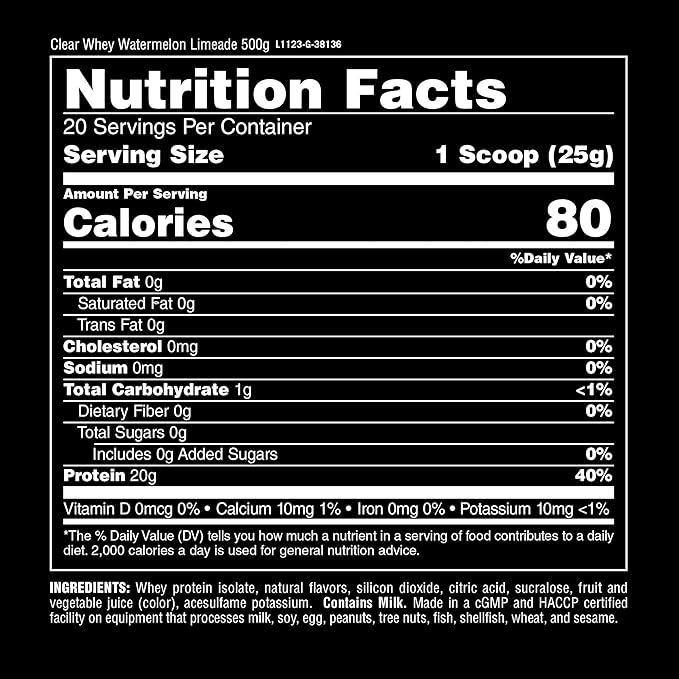 Clear Whey Isolate Protein Powder - Easy to Digest and Mix 5g BCAA Deliciously Juicy Refreshing Anytime Drink for Men and Women Watermelon Limeade 500g (20 Servings)