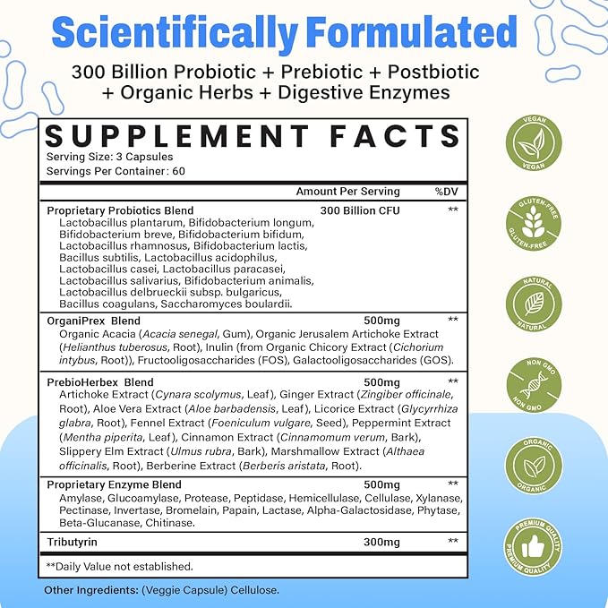 (180 Capsules) Probiotics for Women &amp Men 5-in-1 Probiotic Prebiotic Postbiotic Organic Herbs &amp 16 Digestive Enzymes Blend 300 Billion CFU Complete Gut Health Digestive Health &amp Imm