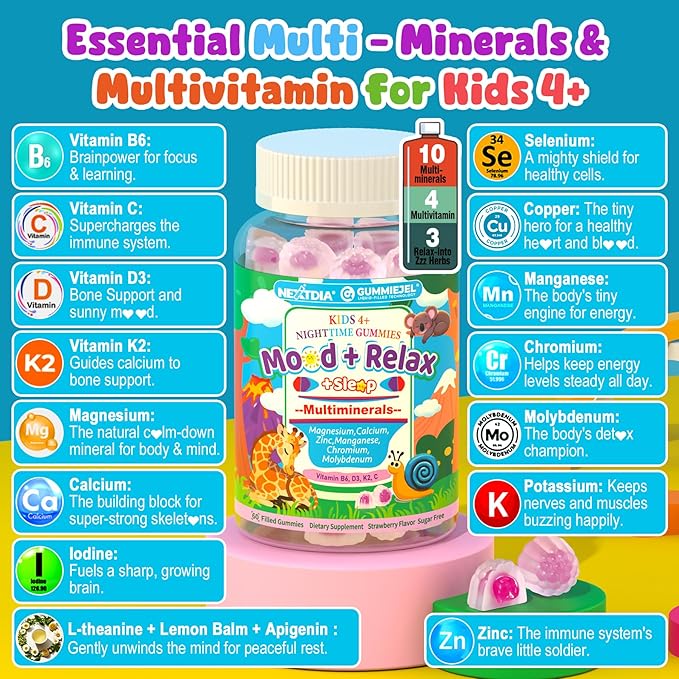 Kids 4+ Magnesium + Saffron Sleep Gummies Relax Happy Filled Gummy Bedtime Calcium Zinc Mineral + Multivitamin Gummies Melatonin Free | Vitamin D3 K2 | Bone Only Need 1 Gummy - Sweet Dream Magic