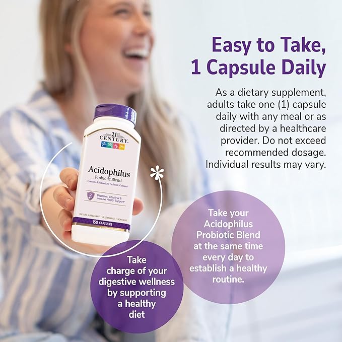 21st Century Acidophilus Probiotic Blend Capsules (300 Count) Daily Probiotic Supplement with Lactobacillus Acidophilus Supports Digestive Health &amp Immune System Non-GMO Gluten-Free