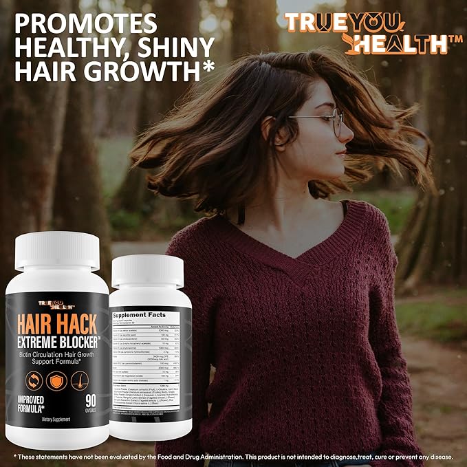 Hair Hack Extreme Blocker - Our Best Hair Growth Supplement - Natural Hair Regrowth Hair Vitamins for Thicker Hair Growth - Vitamin B7 Biotin and Folic Acid - Vitamin D3 Hair Growth Vitamins
