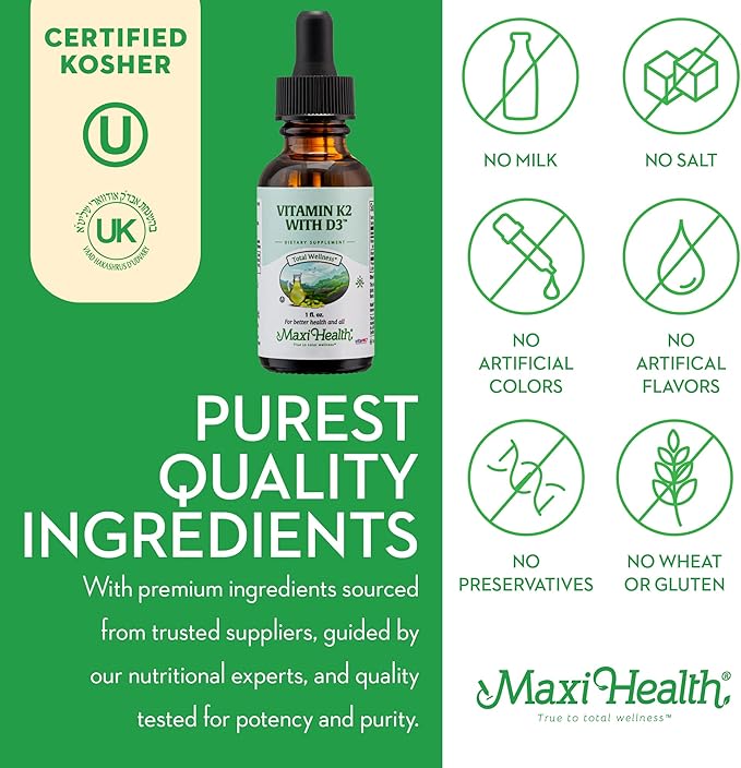 Maxi Health Liquid Vitamin D3 with K2 Drops for Long-Term Health - Vitamin K2 D3 Vitamin Supplement - D3 K2 Vitamin K and Vitamin D Supplement with Vitamin K2 MK-7 and VIT D 1 fl oz
