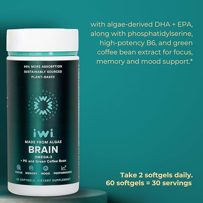 Iwi Life Brain &amp Heart Omega-3 Bundle 30 Servings Vegan Plant-Based Algae Omega 3 Krill &amp Fish Oil Alternative No Fishy Aftertaste