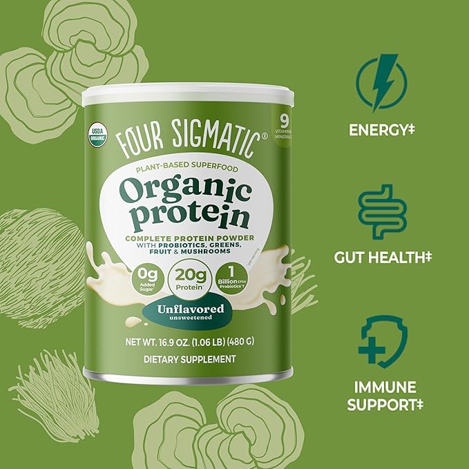 Four Sigmatic Organic Plant-Based Protein Powder | Clean Vegan Protein Elevated with Lion’s Mane Chaga Cordyceps and More for Brain Function and Immune Support | Unflavored 16.9 oz