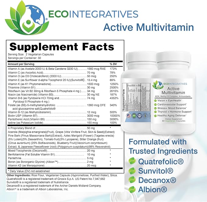 Active Multivitamin | ADK Methyl B Complex Antioxidants | Quatrefolic Folate Methyl B12 P5P Vitamin D3 K1/K2 | 60 Vegetarian Capsules