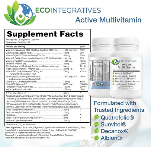 Active Multivitamin | ADK Methyl B Complex Antioxidants | Quatrefolic Folate Methyl B12 P5P Vitamin D3 K1/K2 | 60 Vegetarian Capsules