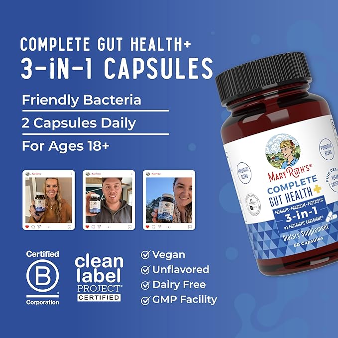 MaryRuth's Complete Gut Health+ Capsules | 5 Probiotic Blend | Butyrate | Corebiome® | Vegan Gut Support | Support Gastrointestinal Health &amp Microbiome | 2 Capsules Daily | 30 Servings