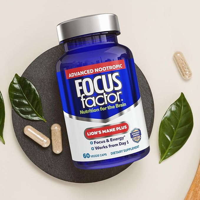 Focus Factor Lions Mane Plus Advanced Nootropic with L-Theanine Caffeine Focus and Energy (60 Count) (Pack of 2)