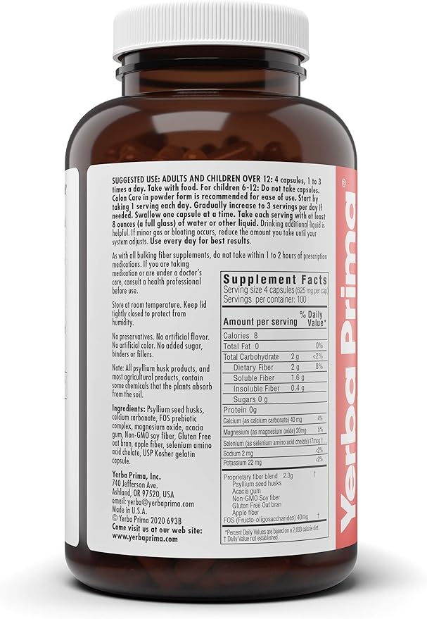 Yerba Prima Prebiotic Colon Care Capsules 400 Caps - Five Forms of Fiber Plus FOS Pre-biotics - Dietary Health Supplement - Healthy Soluble &amp Insoluble Fibers for Regularity &amp Digestive Suppo