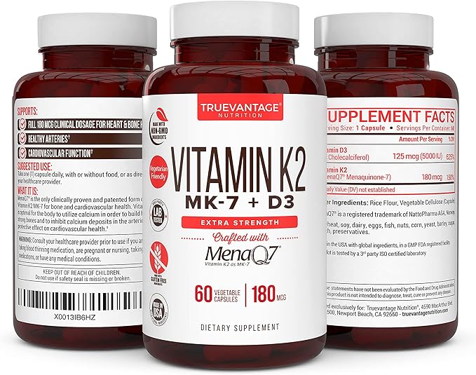 Vitamin K2 D3 Supplement 5000 IU D3 and 180 mcg Vitamin k2 MK7 Supplement for Healthy Bones Healthy Heart &amp Cardiovascular Health-60 Easy to Swallow Vegetable caps of MenaQ7 K2 MK7