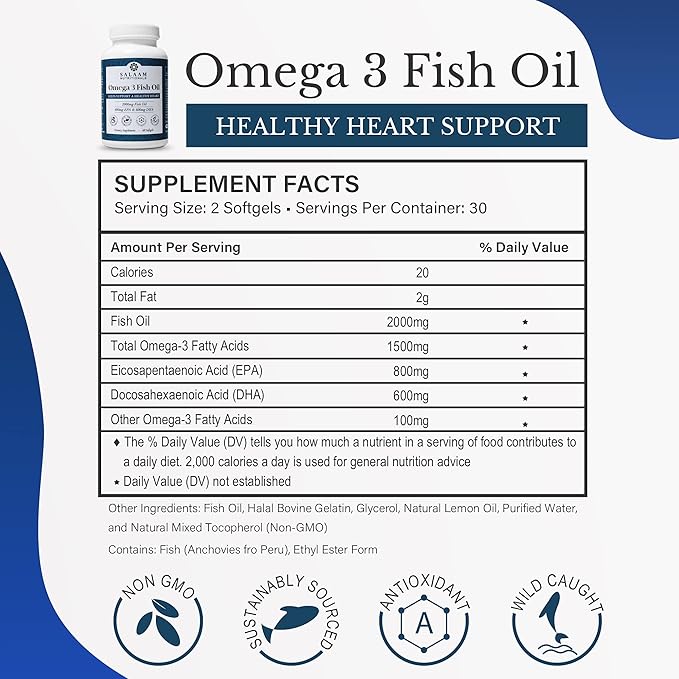 Salaam Nutritionals Halal Fish Oil Burpless Omega 3 DHA+ EPA 2000mg for Heart Eye Brain and Joint Health.