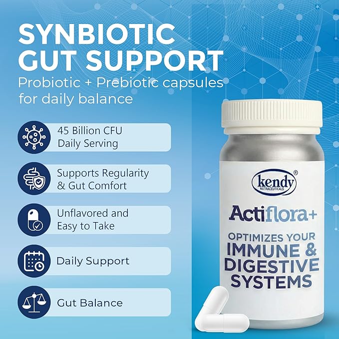 Kendy Actiflora Probiotic + Prebiotic &amp Synbiotic Capsules – Advanced Formula w/L. bulgaricus for Digestive Health &amp Gut Balance – 45 Billion CFU Daily Supplement – 200 Capsules (2 Packs)