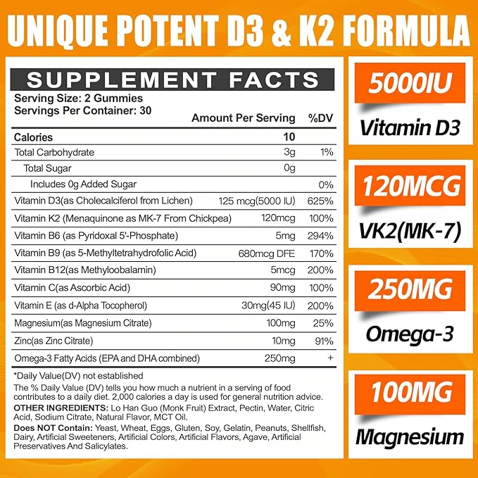 Vitamin D3 K2 Gummies for Adults - Vitamin D3 5000IU + K2 (MK-7) 120mcg - Sugar-Free D3 and K2 Supplements with Omega-3 Methyl B12 B9 B6 Vitamins E &amp Zinc - for Calcium Absorption &amp Immune