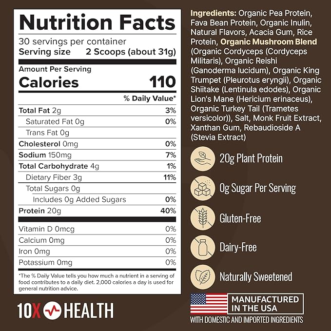 10X Health Vegan Protein Powder - 20g per Serving Plant Based Protein Powder for Muscle Support Strength &amp Nutrition - Dairy-Free &amp Gluten-Free - Honey Vanilla 2.3 lbs 30 Servings