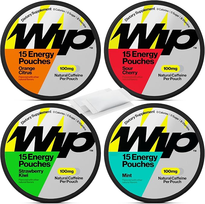 Wip Energy Pouches | 100mg Natural Caffeine | Vitamins and Minerals | 4 Pack Assorted: Sour Cherry Mint Orange Citrus Strawberry Kiwi