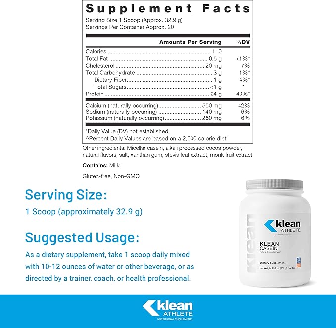 Klean Athlete | Klean Casein Protein | Designed to Help with Recovery and Reduce Muscle Breakdown.* | NSF Certified for Sport | 23.2 Ounces | Natural Chocolate Flavor