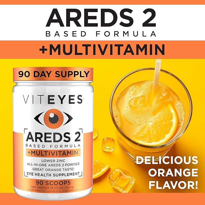 Viteyes AREDS 2 Powder + Multivitamin All-in-One Macular Protection Alternative to AREDS 2 chewables No Pills Lutein &amp Zeaxanthin AREDS 2 Eye Vitamins Drink Natural Orange Flavor 90 Scoops