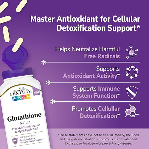 21st Century Glutathione 500 mg Plus Milk Thistle Extract &amp Alpha Lipoic Acid Capsules (120 Count) Reduced Form Combats Harmful Radicals Supports Cellular &amp Immune Health Non-GMO Gluten-F