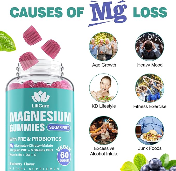 Triple Magnesium Complex Gummies 400mg with Prebiotics &amp Probiotics 5 Billion CFUs Magnesium Glycinate Supplement Gummies with Vitamin B6 D3 &amp C for Muscles &amp Mood - 60 Count (Pack of 1