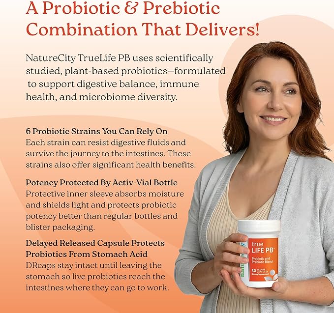 NatureCity True-Life-PB Shelf Stable Blend Prebiotics and Probiotics for Women and Men - Digestive Gut Health Supplements for Women and Men - Dairy Free - (30 Veggie Capsules)