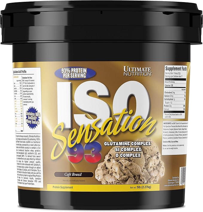 Ultimate Nutrition Iso Sensation 93 with Glutamine Whey Protein Isolate Powder 30 Grams of Protein Low Carb Protein Shakes Keto Friendly 5 Pounds Café Brazil Flavoured