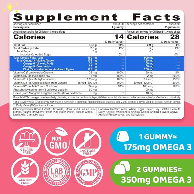Kids Omega 3 Gummies for 4+ with DHA Vitamins D3 K2 C B6 Methyl B12 Luetin &amp PS No Fish Taste Sugar Free Omega 3 Fish Oil Alternative for Children for Brain Bone Eyes Focus Immunity 60Cts