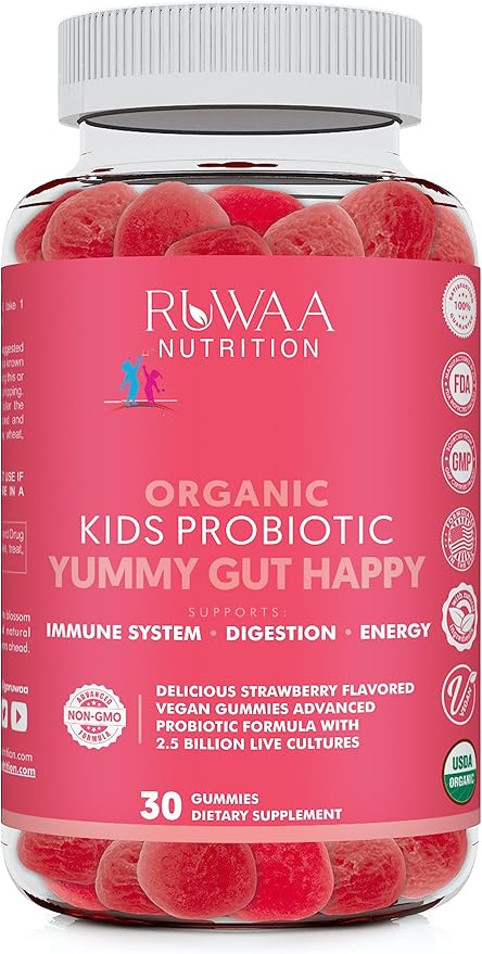 Kids Probiotic Gummies Organic Probiotics Kids for Digestive Health Immune Support Constipation Bloating. 2.5 Billion CFU Strawberry Flavor Chewable Probiotics for Children Ages 4+ 30ct (1)
