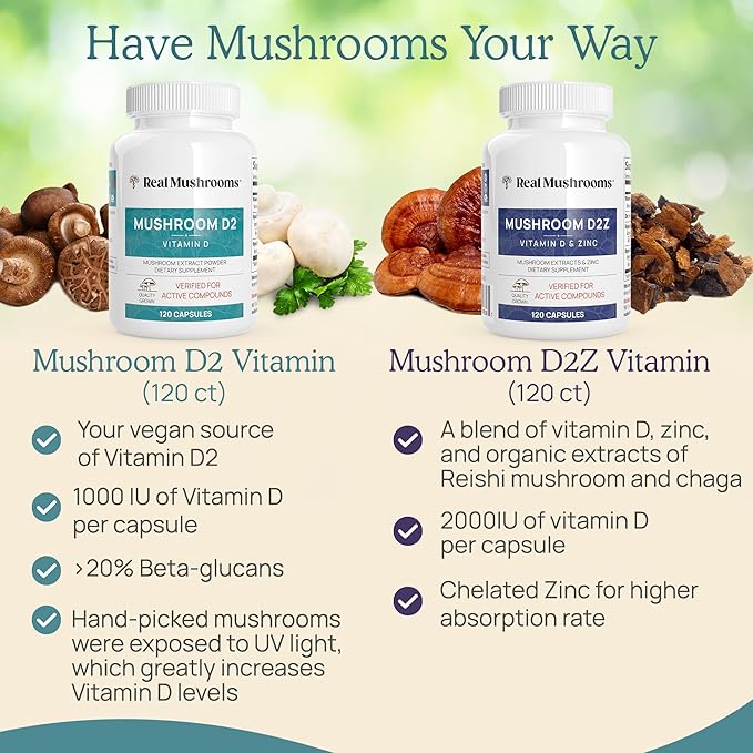 Real Mushrooms Vitamin D2 from Shiitake &amp Agaricus – Vegan Mushroom-Based D Supplement – Vitamins for Overall Wellness Support– Organic Non-GMO 1000 IU – 120 Count Functional Mushroom