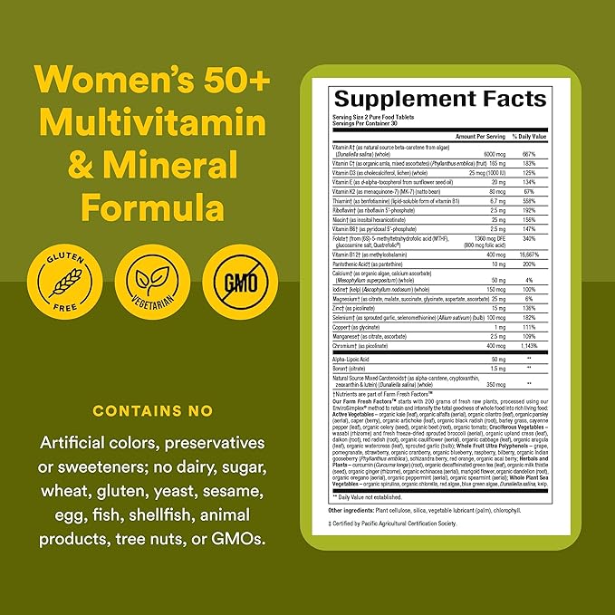 Natural Factors Whole Earth &amp Sea Women's 50+ Multivitamin &amp Mineral - Daily Multivitamin with Calcium Selenium &amp More - Supports Bone &amp Brain Health - 60 Tablets (30 Servings)