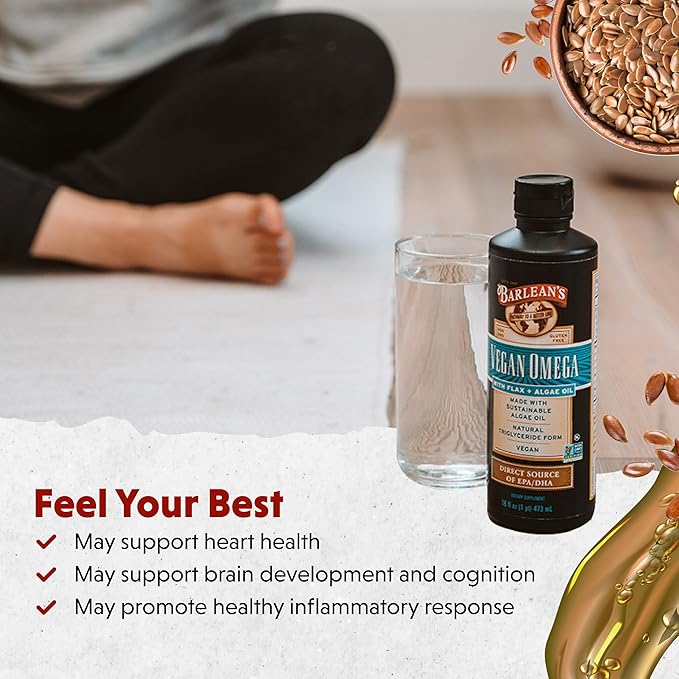 Barlean's Vegan Omega Liquid Flax and Algae Oil Plant Based EPA DHA Supplement from Algal Oil and Organic Flaxseed Omegas 3 6 and 9 Fatty Acid Supplements 16 Ounces